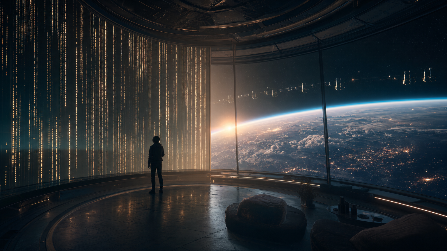 A lone figure in a glass orbital room before a wall of glowing data broken by dark pauses, Earth's dawn-line beyond