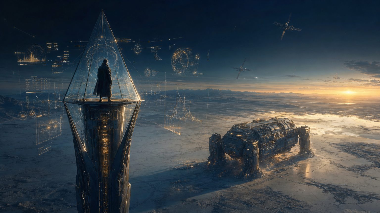 A solitary figure atop a slender tower in a vast salt desert at dusk, a cathedral-sized cargo lander on the flats below