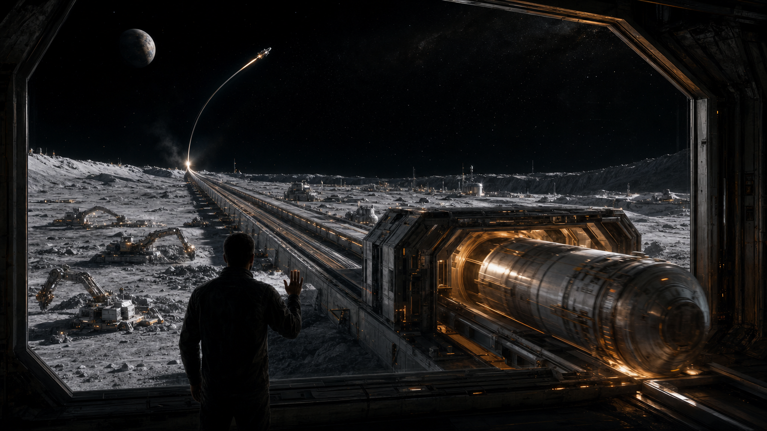 A lunar mass-driver flinging a satellite into space above a south-pole mining colony, a lone figure at a catch-station window