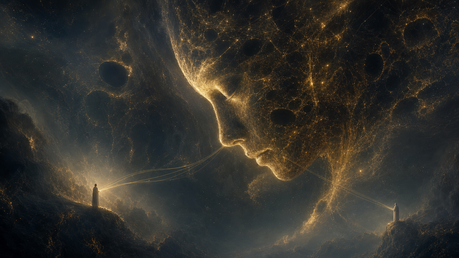 A vast lattice of golden light and dark silences in deep space, a nascent mind, two tiny human silhouettes tethered to it by threads of light