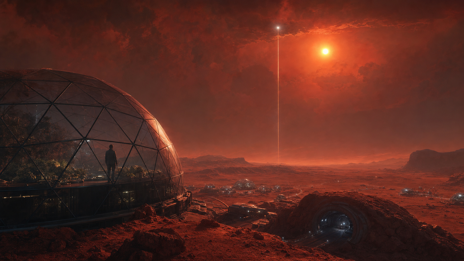 A Mars colony of domes under a blood-red sky, a lone figure looking up at the small distant sun, a beam of light reaching skyward