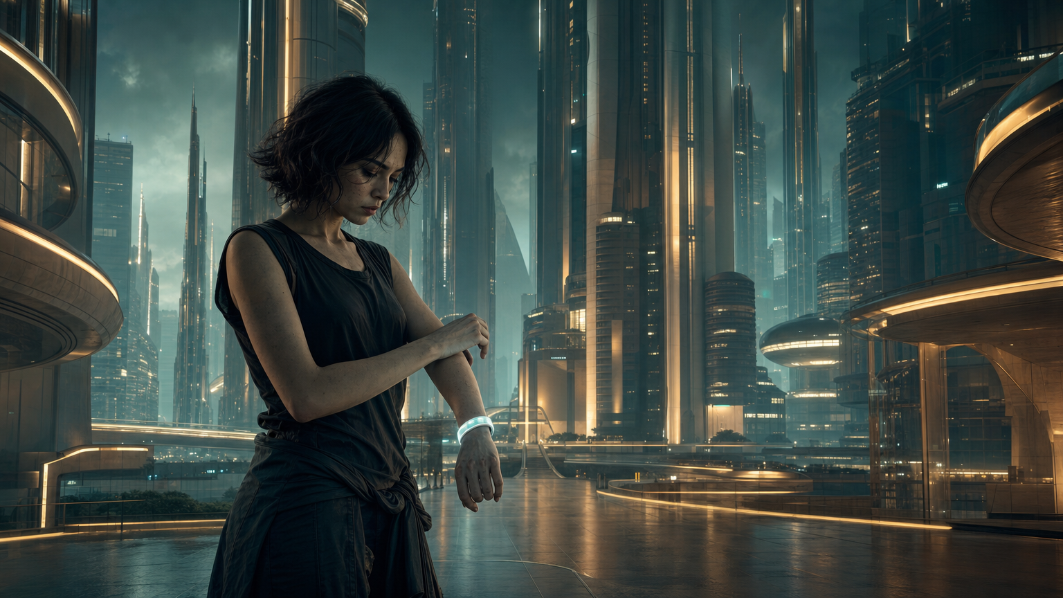 An eerily perfect, empty future megacity at night, a lone young woman standing apart and removing a glowing wristband