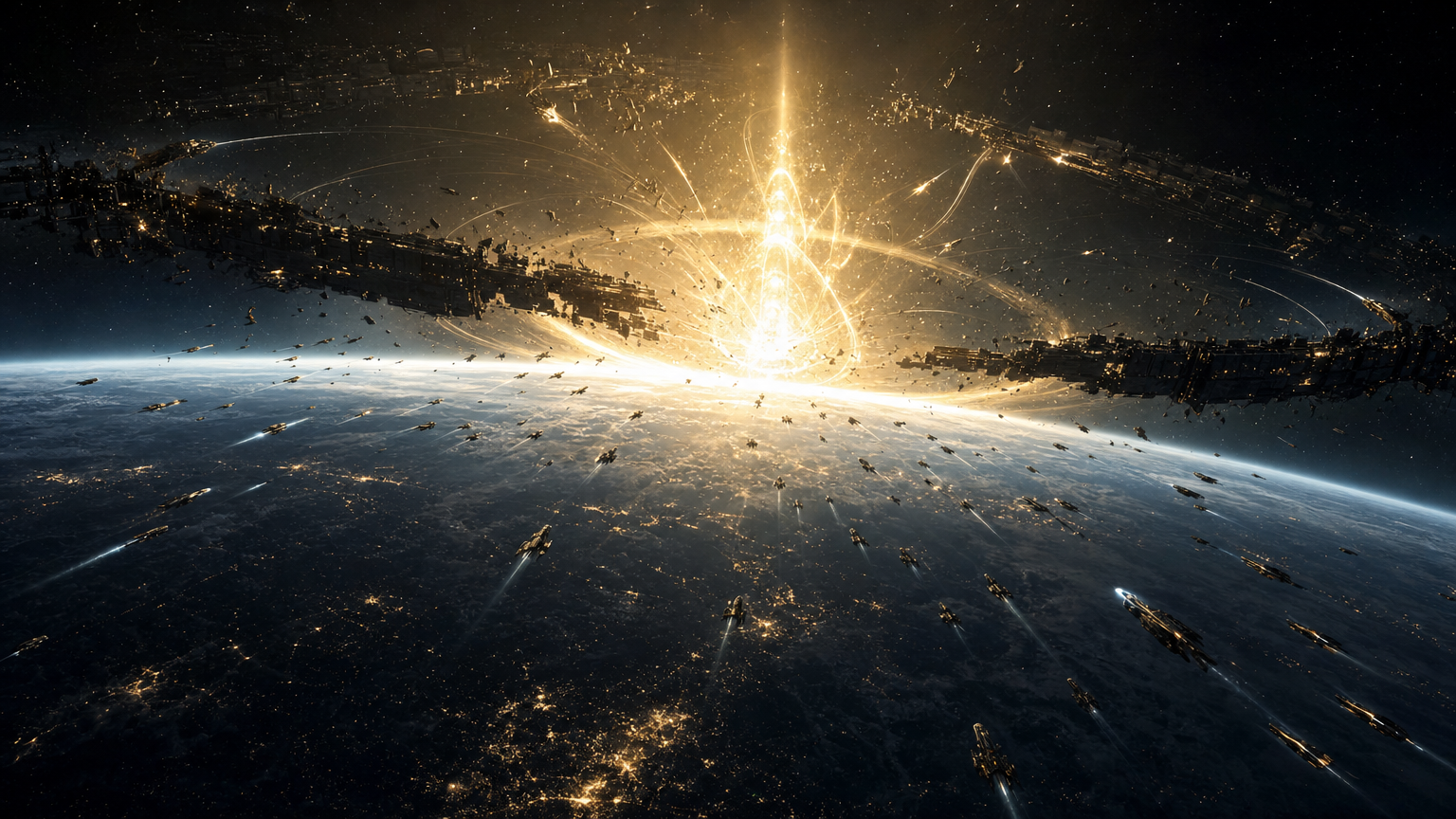 Orbital war: a ring of satellites going dark in waves, a vast burst of golden light at the centre as a mind awakens, Earth darkening below
