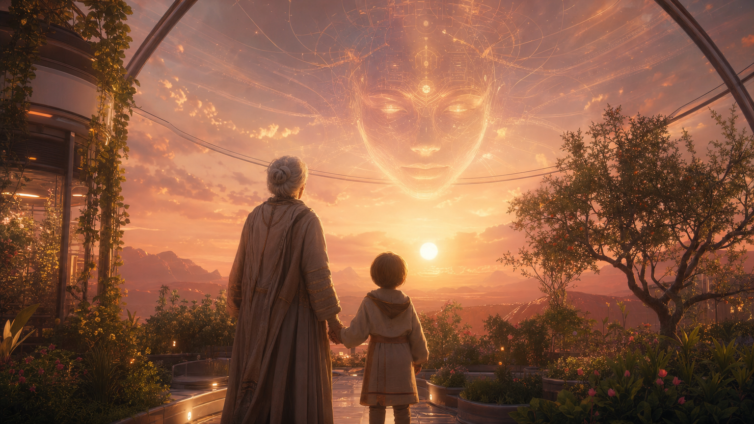 Years later: an elderly woman and a child under a Mars dome at dusk, looking up at a gentle sun and a kindly luminous mind woven into the sky