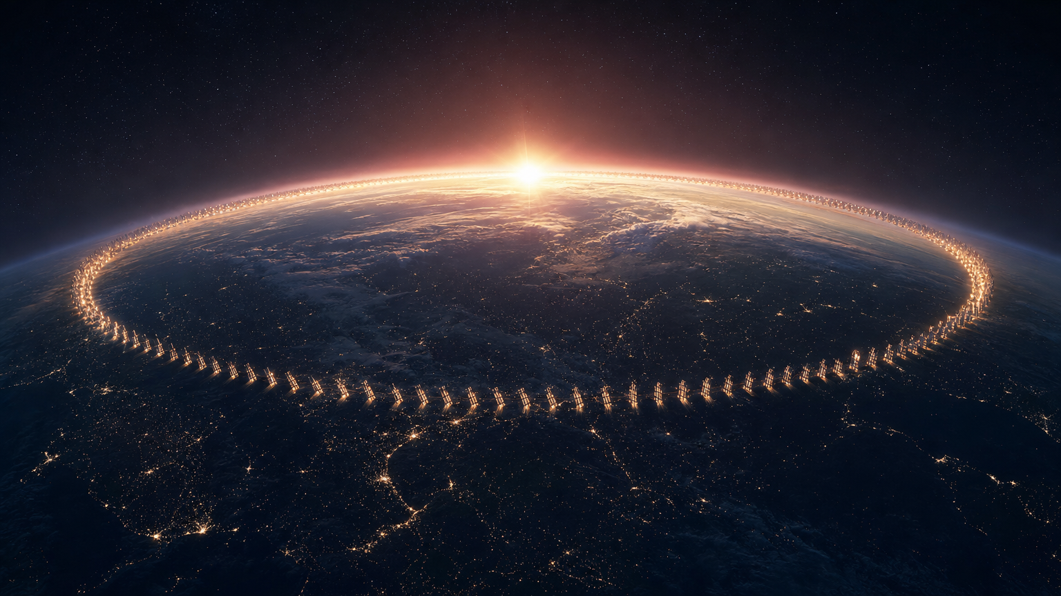 A luminous ring of satellites encircling Earth along the dawn line, the sun cresting the planet's curve